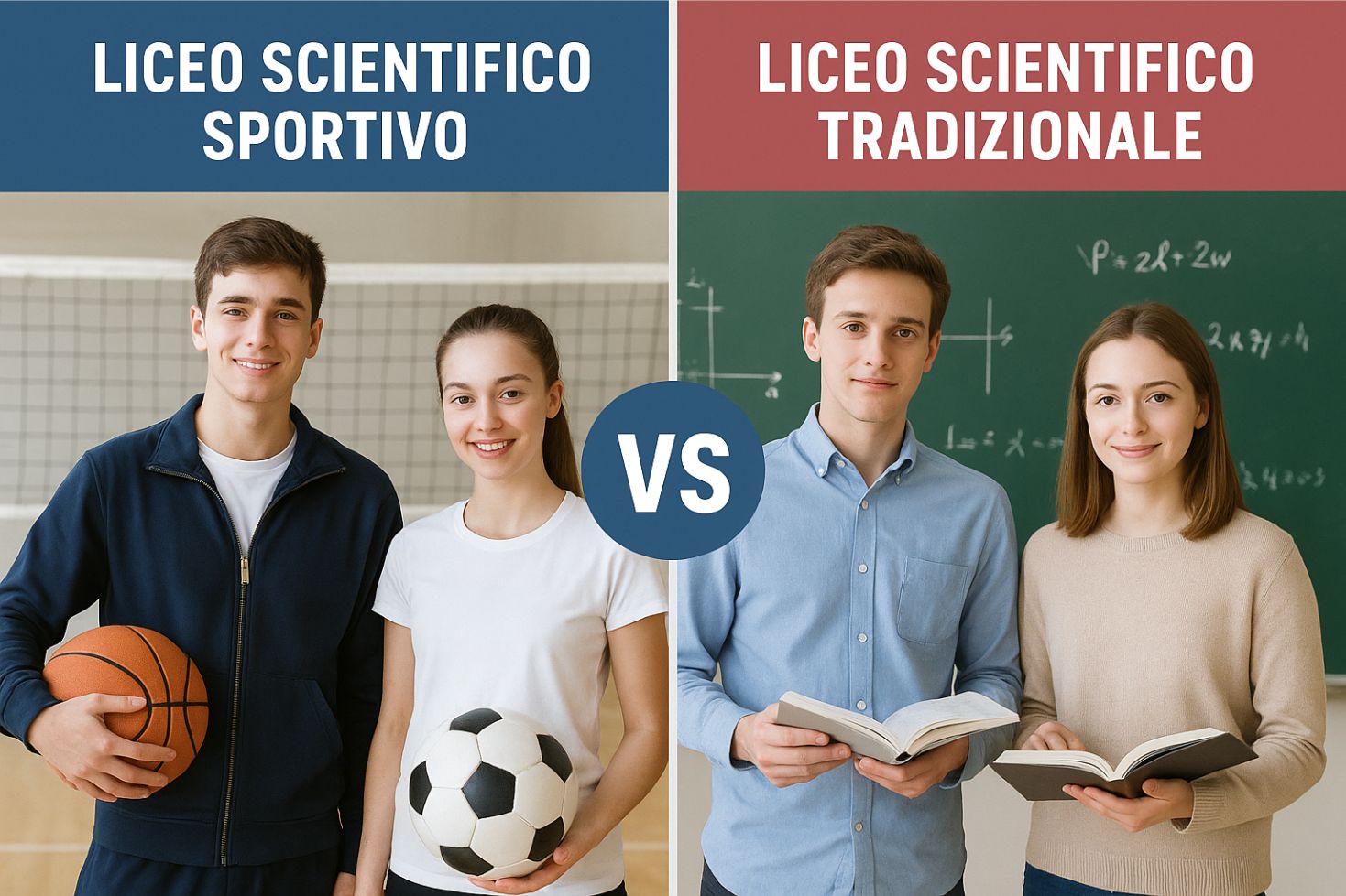 Confronto visivo: studenti del liceo scientifico sportivo in abbigliamento sportivo con palloni, accanto a studenti del liceo scientifico tradizionale con libri davanti alla lavagna.