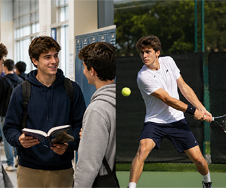 Un'immagine a schermo diviso che illustra il concetto di Dual Career: a sinistra un ragazzo con un libro in mano in un corridoio scolastico, a destra lo stesso ragazzo è impegnato in un'azione di gioco su un campo da tennis.