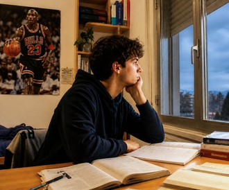 Ragazzo nella sua stanzetta mentre cerca di studiare pensando di aver scelto la scuola superiore sbagliata.