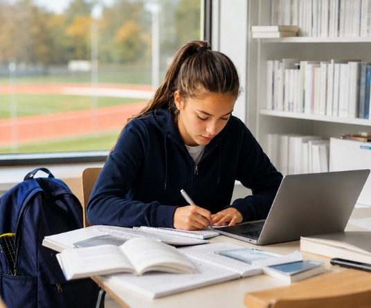 Studentessa concentrata nello studio con vista su una pista di atletica, illustrando come fare sport migliora il rendimento scolastico.