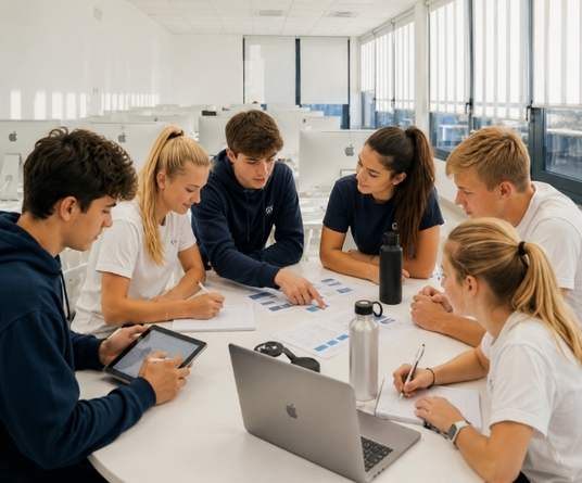 Studenti sviluppano competenze trasversali nello sport lavorando in gruppo. L'educazione sportiva integra studio e tecnologia in un'aula moderna.